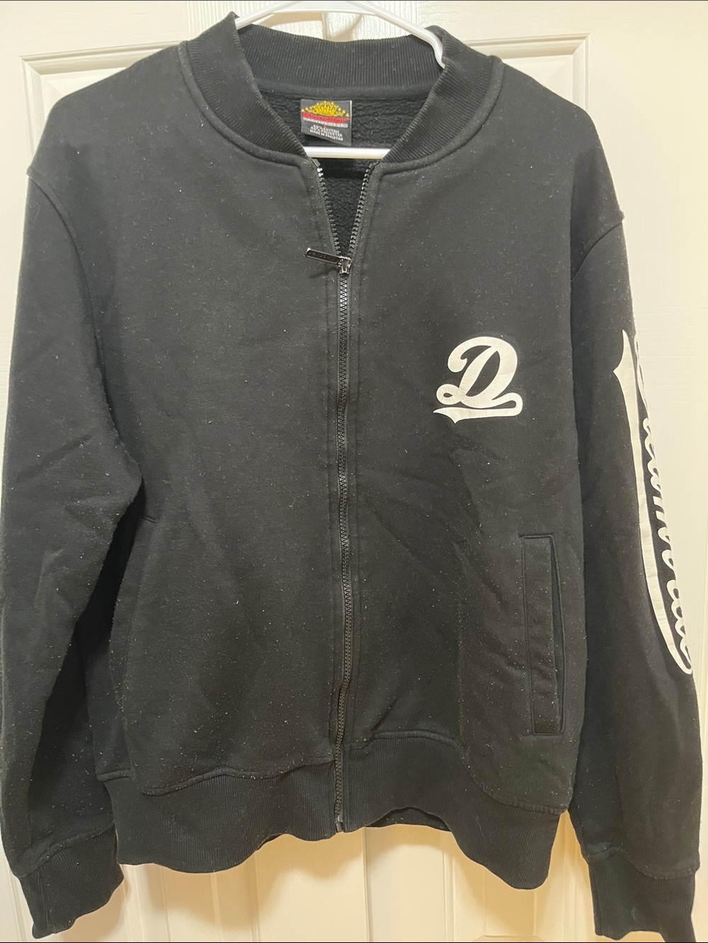 Black Varsity-Style Zip Bomber Jacket with White 'D' Script